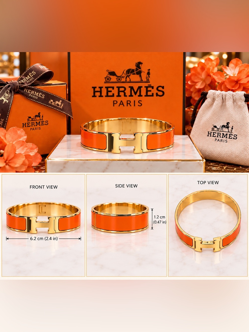 Gold-Tone Orange Enamel Hinge Bracelet